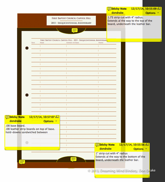 Design comp for a sign-in station for a custom made guest book solution requiring multiple sign-in points. Also shows production notes.