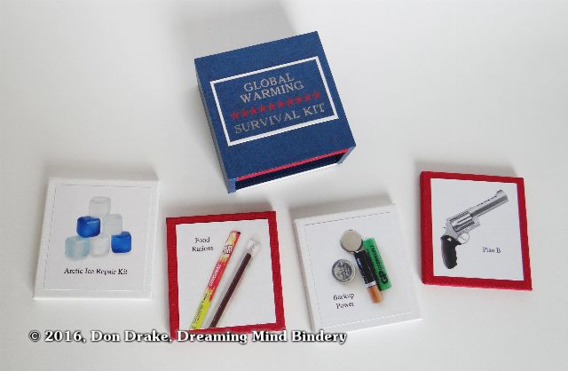Don Drake's miniature book "Global Warming Survival Kit"; image content
