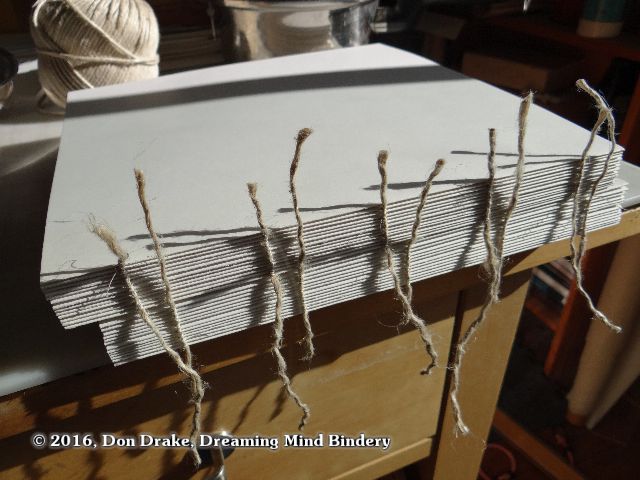 Two books sewn on cords showing the spines before any finish work has been done