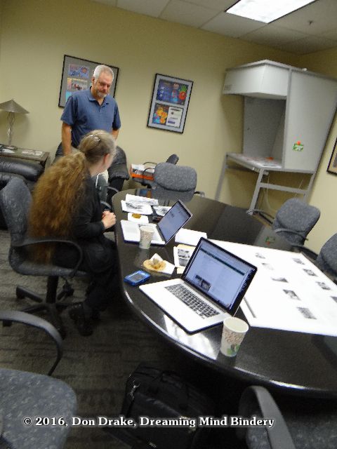 Kate Jordahl and Greg Lingenfelder at a press check for One Poem Books 5 & 6 at Amp Printing in Pleasanton