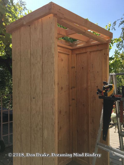 The shed after the walls have been assembled and the roof framing put in place